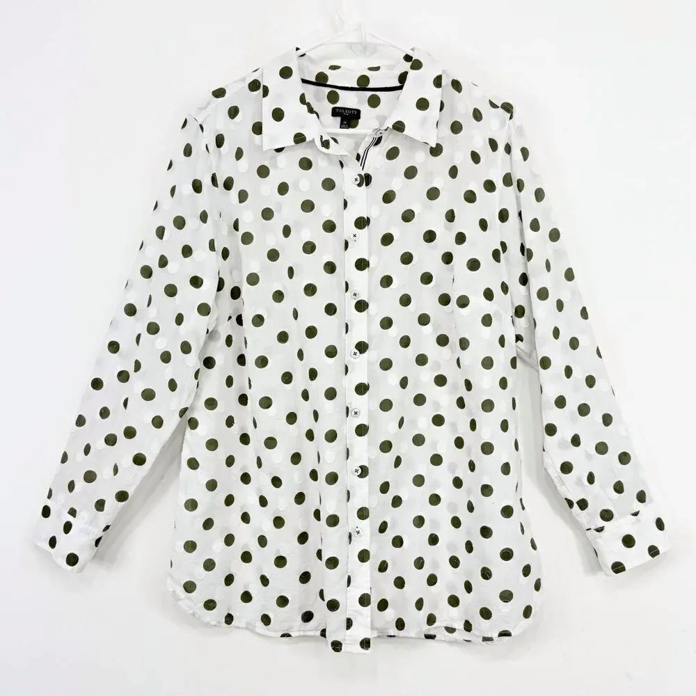 Talbots Plus Green White Textured Polka Dot 100% Cotton Button Up Long Sleeve